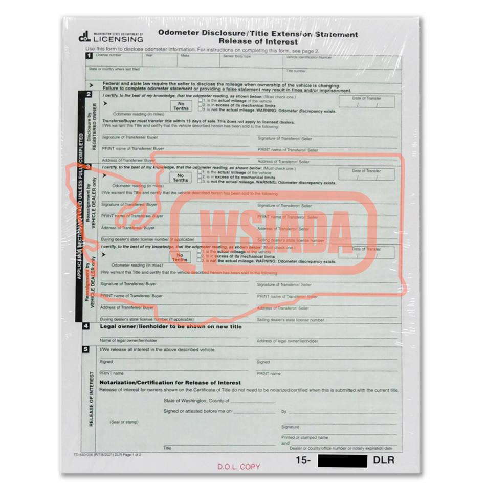 Laser Version - Odometer Disclosure Form - Washington