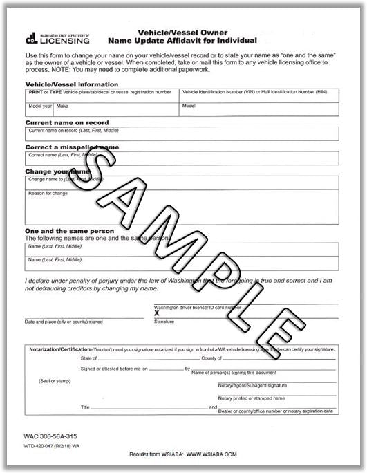 Vehicle/Vessel Owner Name Update Affidavit for Individual (2018)