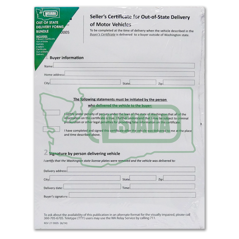 Buyer's/Seller's Certificate Out of State Delivery