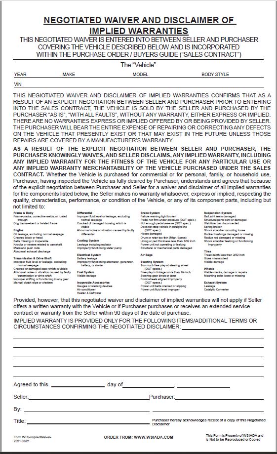 Negotiated Waiver and Disclaimer of Implied Warranties