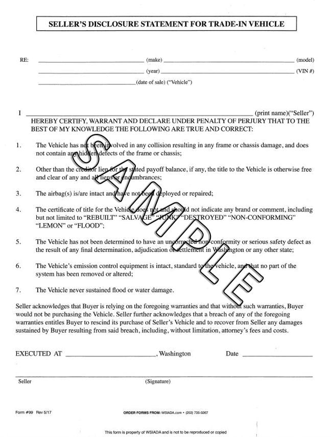 Seller's Disclosure Statement for Trade-In Vehicle